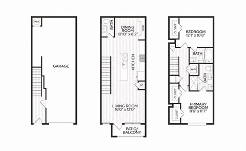 Floor plan for 2 beds, 2.5 baths, 1244 sqft